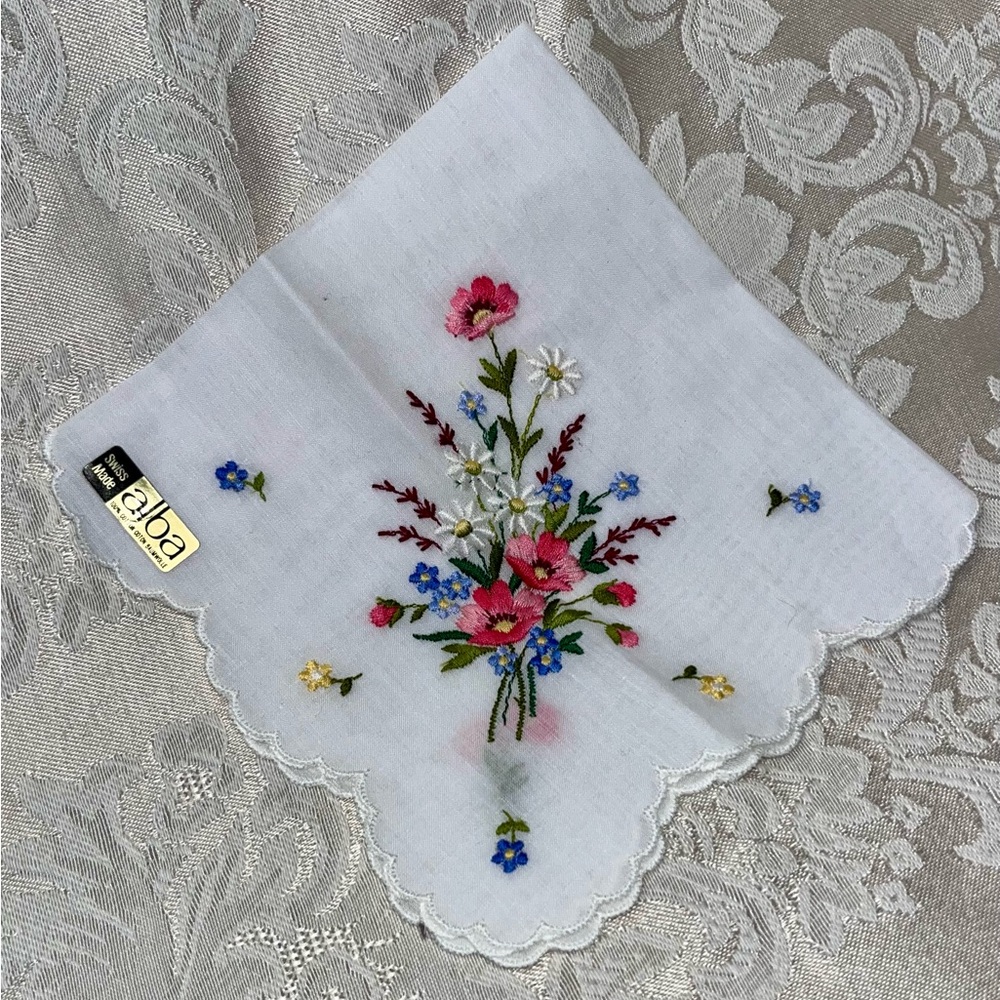Alba Swiss Embroidered Floral MCM VTG White Cotton Handkerchief Scalloped Edge